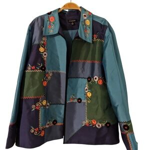 August Max Colorful Patchwork Embroidered Floral Jacket Coat‎ Artistic Silk Sz 4